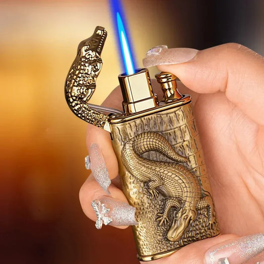 Crocodile Double Fire Lighter Metal Windproof Jet Fire Open Flame Convertible Gas Lighter Gift